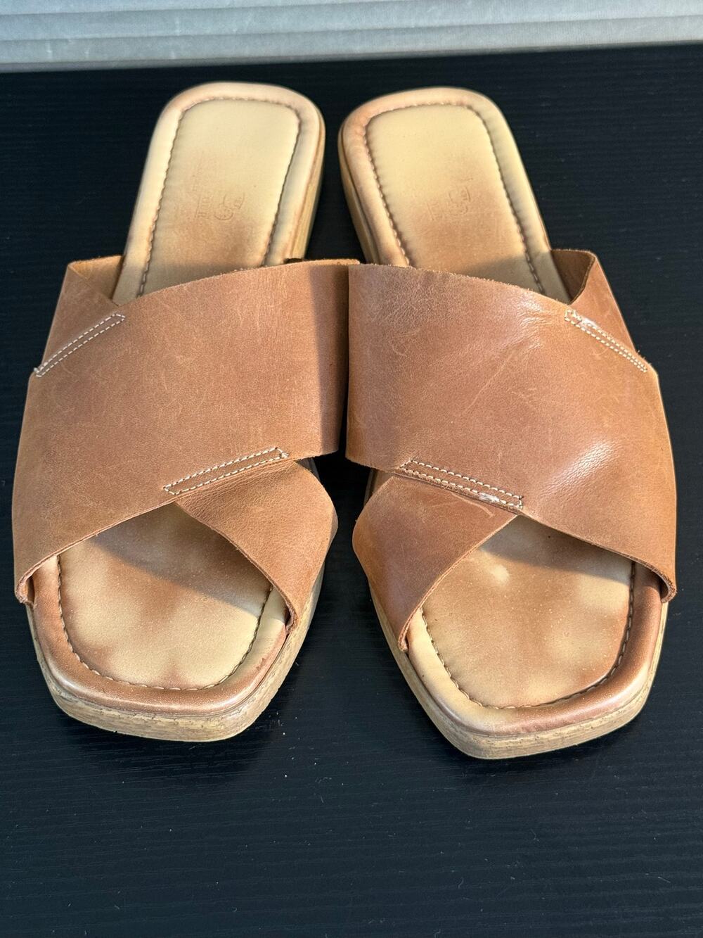 Coach And Four Leather Slide Sandals Tan Brown Square Toe Made Italy 9.5
